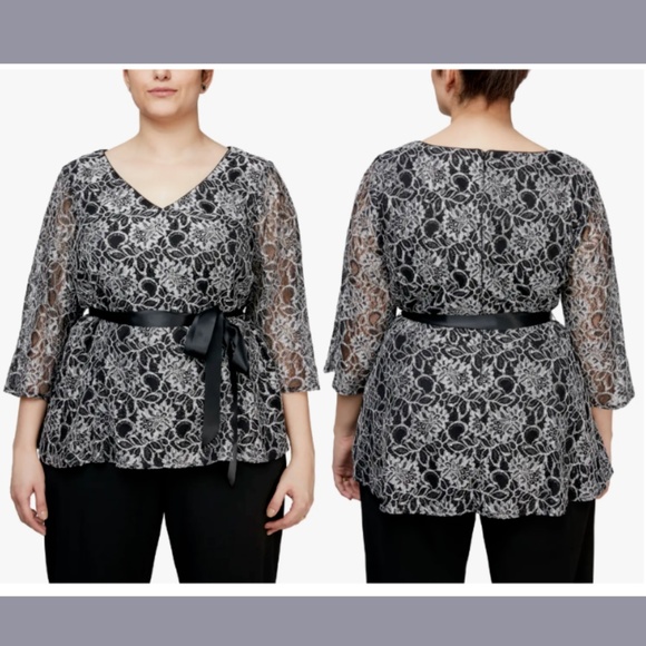 NEW Alex Evenings [ PLUS 2X ] Embroidered Lace‎ 3/4 Sleeve Top in BlacK - Picture 1 of 12
